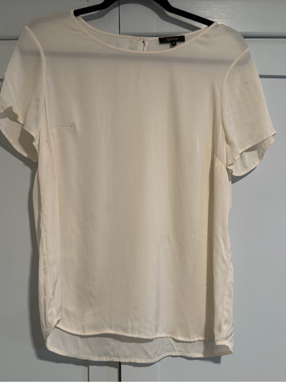 Quince Ivory Ruffled Short Sleeve Silk Blouse, Size M